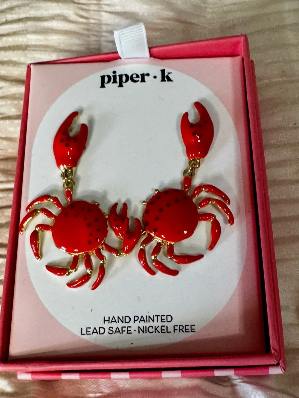 Piper.k Red Hand-Painted Crab Drop Earrings